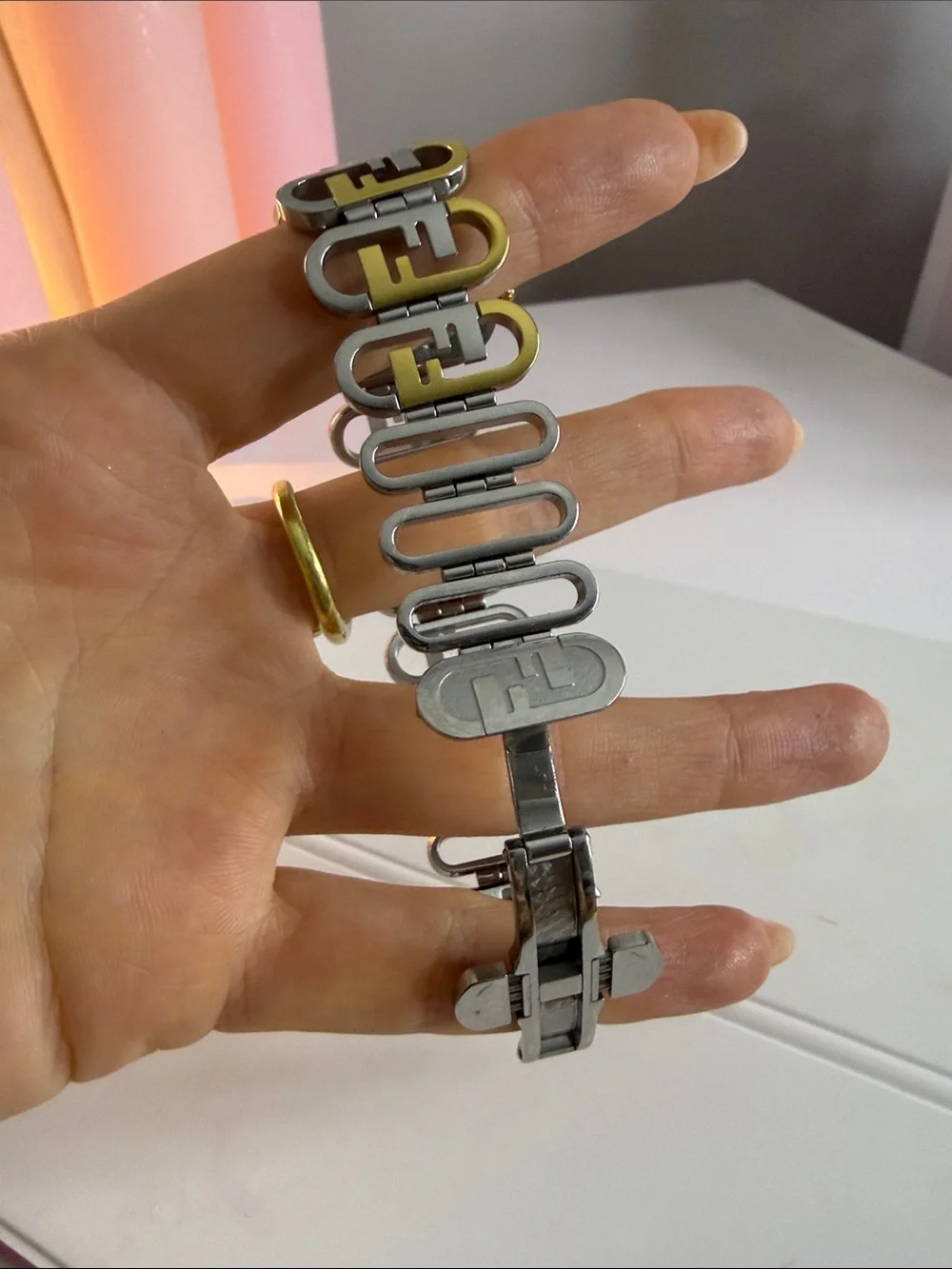 Fendi Two-Tone Gold and Silver Oval Dial Bracelet Watch